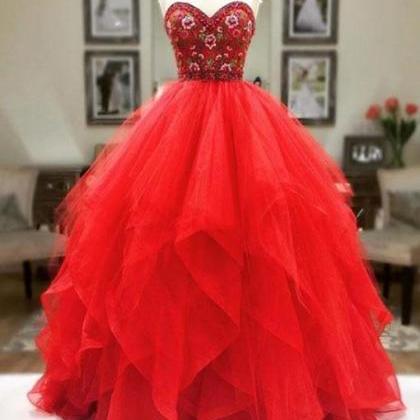 Red Tulle Sweetheart Neck Long Prom Dress, Red..