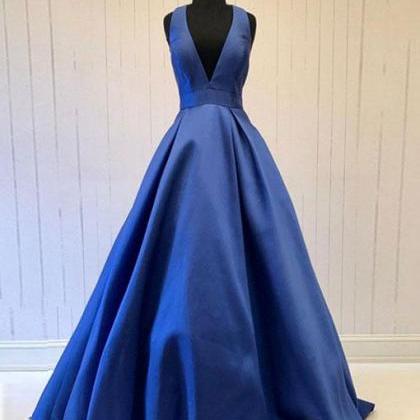 Blue V Neck Long Prom Dress With Bow, Blue Evening..