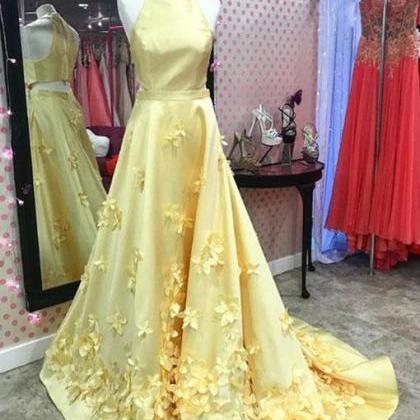 Unique Yellow Satin Long Prom Dress, Yellow..