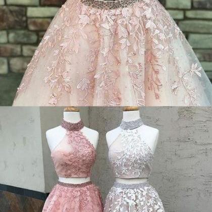 Unique Two Pieces Lace Long Prom Dress, Lace..