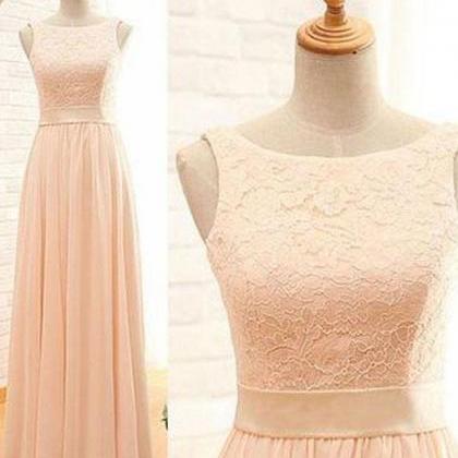 Pink Lace Chiffon Long Prom Dress, Pink Evening..