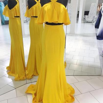 Two Piece Yellow Long Prom Dress With Ruffle,prom..