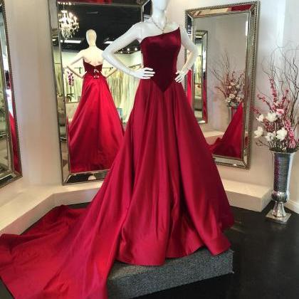 Unique A-line Strapless Red Satin Sweep Train Prom..