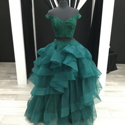 Elegant Two Piece A-line Off-the-shoulder Green..