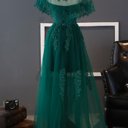 Charming Green A-line Lace Tulle Prom Dress..