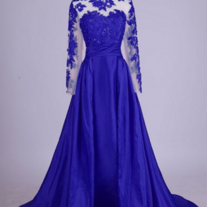 Royal Blue Long Sleeve Lace Prom Dress Formal..