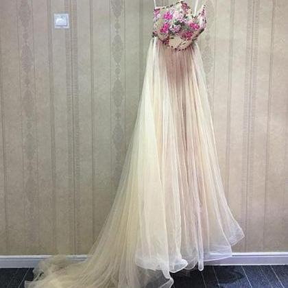 Unique Champagne Tulle Long Prom Dress, Sweetheart..