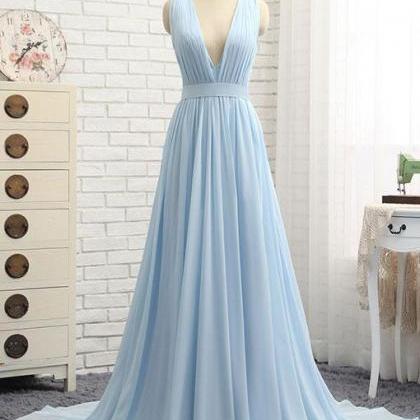 Simple Blue V Neck Chiffon Long Prom Dress, Blue..