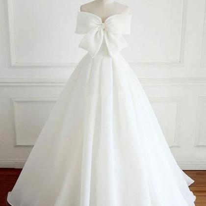 White Bow Long Prom Dress, White Evening..