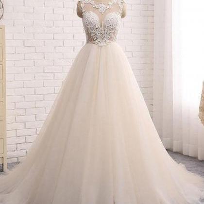 Custom Made Round Neck Lace Tulle Long Prom Gown,..