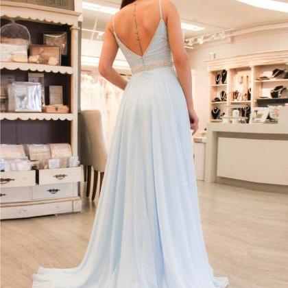 Newest Light Blue A-line Prom Dress With Beaded..