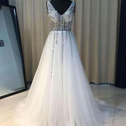 White V Neck Tulle Sequins Long Prom Dress,..
