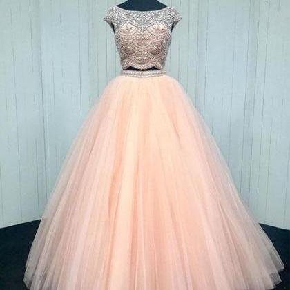 Pink Two Pieces Sequin Beads Tulle Long Prom..