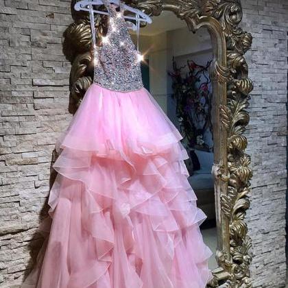 Sexy Sleeveless Prom Dress, Crystal Beaded Pink..
