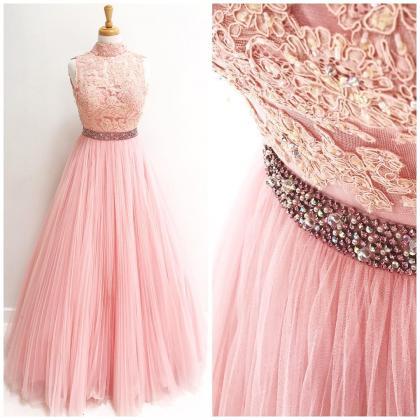 Sexy Sleeveless Prom Dress, Appliques Pink Prom..