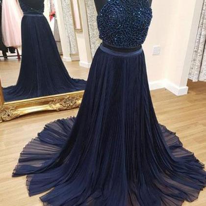 Dark Blue Two Pieces Long Prom Dress, Formal..