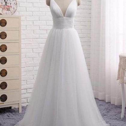 Simple White V-neck Long Tulle Prom Dress,a-line..