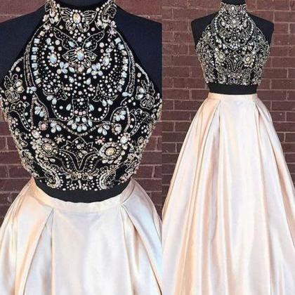 Two Pieces Beads Long Prom Dress, Evening..