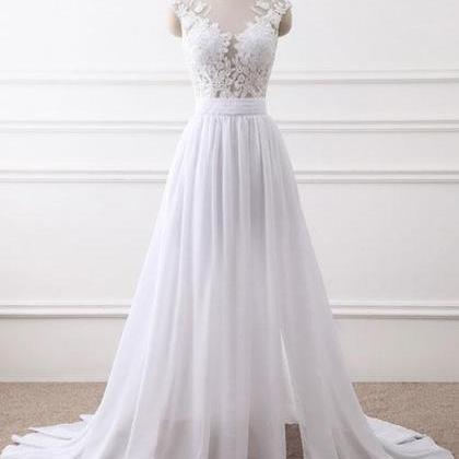 White Round Neck Lace Chiffon Long Prom Dress,..