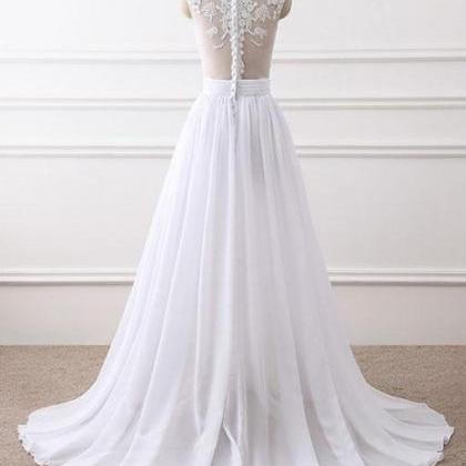 White Round Neck Lace Chiffon Long Prom Dress,..