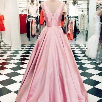 Pink Satin V Neckline Sleeveless Satin Ball Gown..