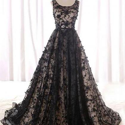 Black Round Neck Tulle Long Prom Dress, Black..