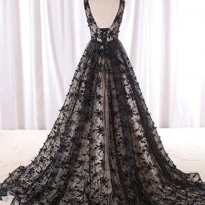 Black Round Neck Tulle Long Prom Dress, Black..