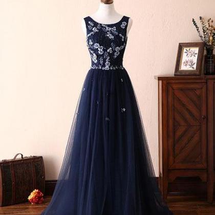 Dark Blue Lace Tulle Long Prom Dress, Formal..