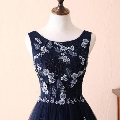 Dark Blue Lace Tulle Long Prom Dress, Formal..