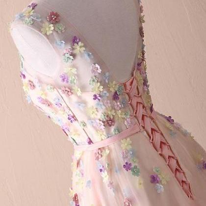 Cute Round Neck Flowers Long Prom Dress, Evening..