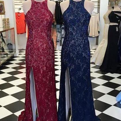 Burgundy/navy Mermaid Lace Split Side Prom Dresses..