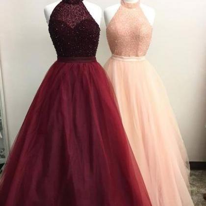 Elegant High Neck Burgundy/pink Long Prom Dresses..