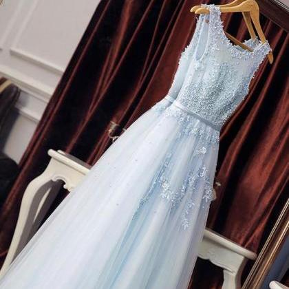 Elegant Light Sky Blue Tulle Long Prom Dresses..
