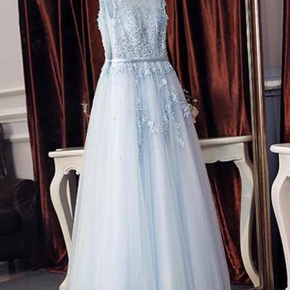 Elegant Light Sky Blue Tulle Long Prom Dresses..