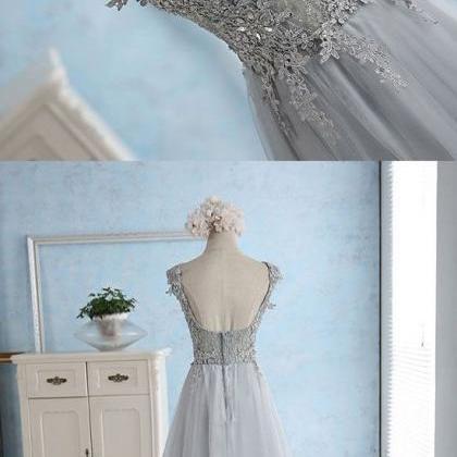 Gray Blue Long Prom Dresses With..