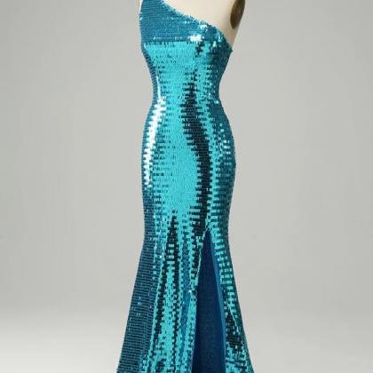 Sparkly Blue Sequins One Shoulder Long Prom Dress..