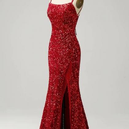 Red Sparkly Mermaid Backless Long Prom Dresses..