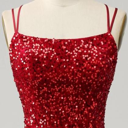 Red Sparkly Mermaid Backless Long Prom Dresses..