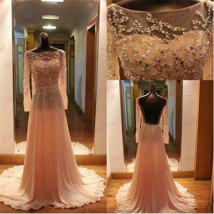 Peach Prom Dress, Long Sleeve Prom Dress, Long..
