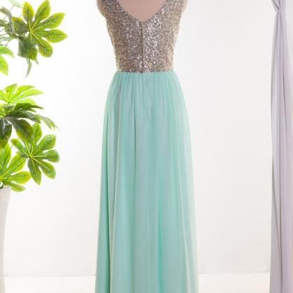 Mint Green Bridesmaid Dress, V Neck Sequins..