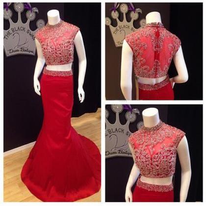 Red Prom Dress, Cap Sleeve Prom Dress, Elegant..