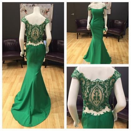 Green Prom Dress, Cap Sleeve Prom Dress, Lace Prom..