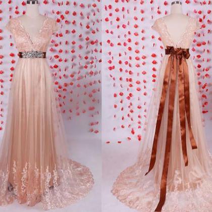 Elegant V-neck Prom Dress,champagne Prom..