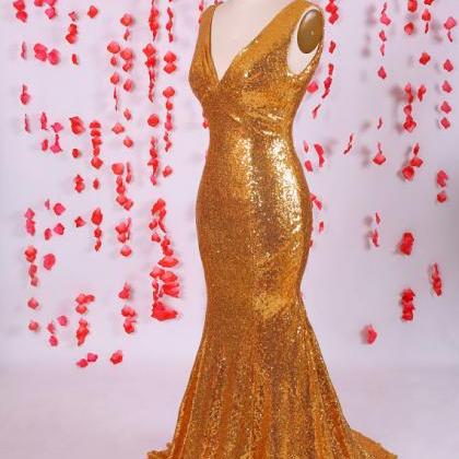 Shiny Gold Sequins Prom Dress, Mermaid Prom..