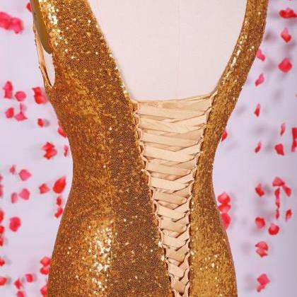 Shiny Gold Sequins Prom Dress, Mermaid Prom..