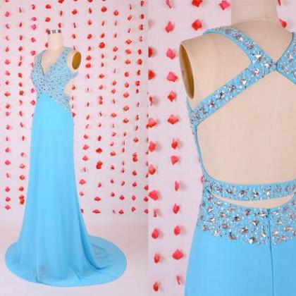 Gorgeous Prom Dress,blue Backless Prom..