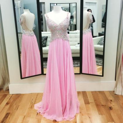 V-neck Prom Dress, Pink Prom Dress, Popular Prom..