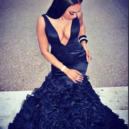 Sexy Black Prom Dresses, African V Neck Black..