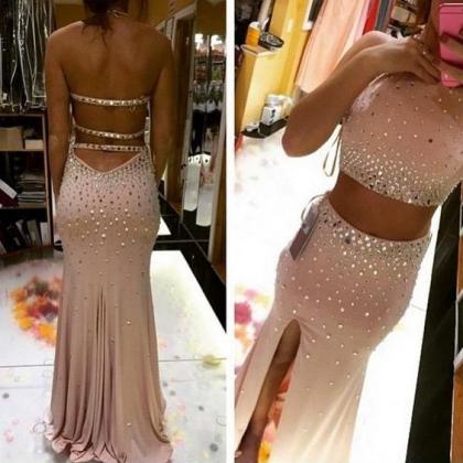 Sexy Long Black 2 Piece Prom Dresses, Crystals..