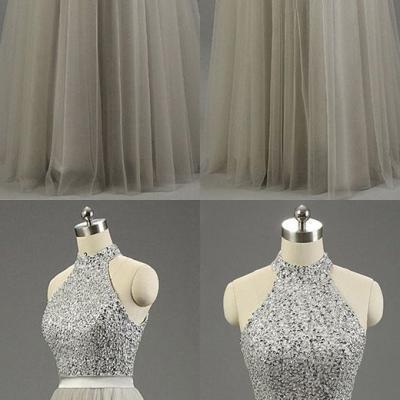 High Neck Gray Tulle Floor-length Beading Fashion Prom Dresses,PD14119